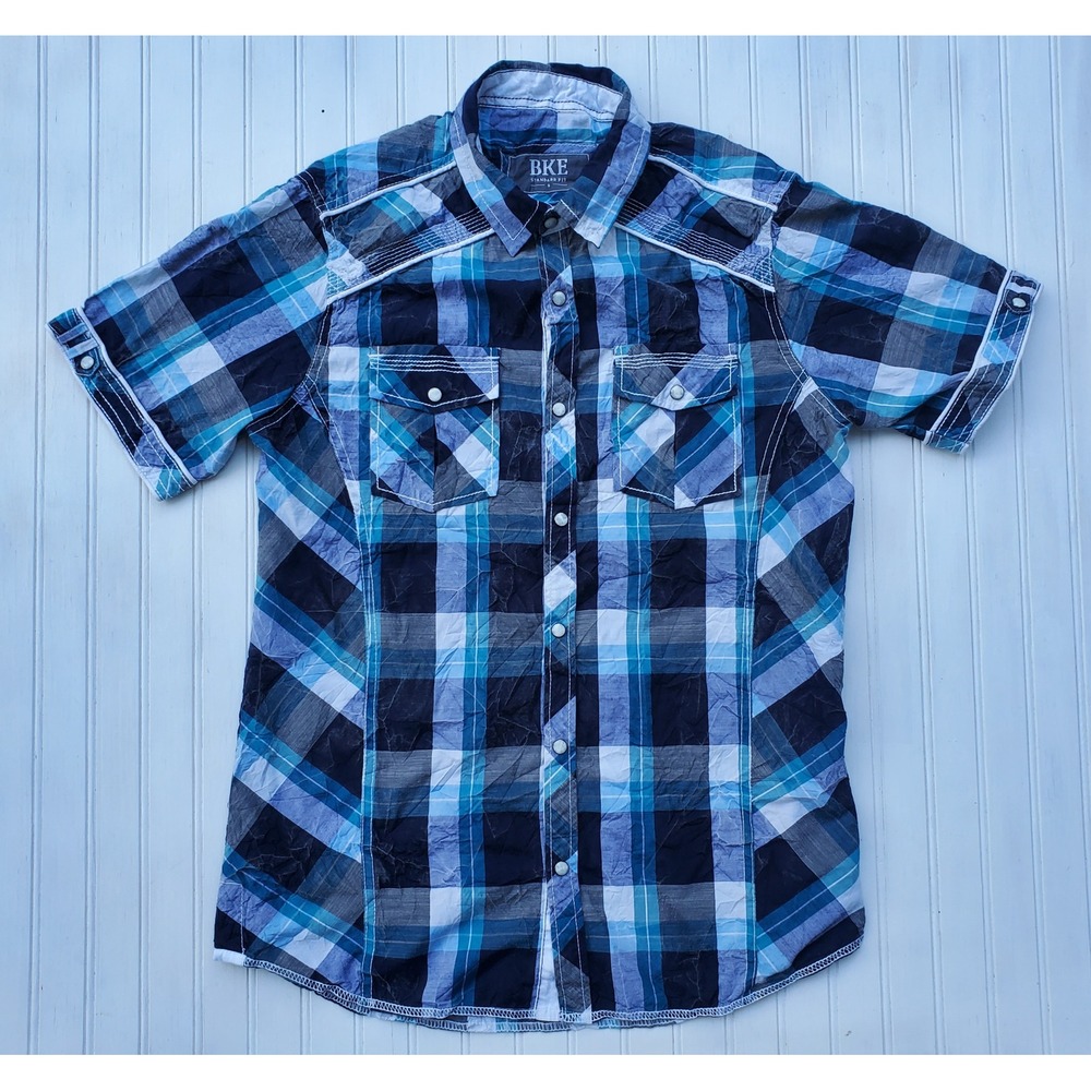 BKE Mens Blue Plaid Short Sleeve Pearl Snap Western Shirt Small B2412